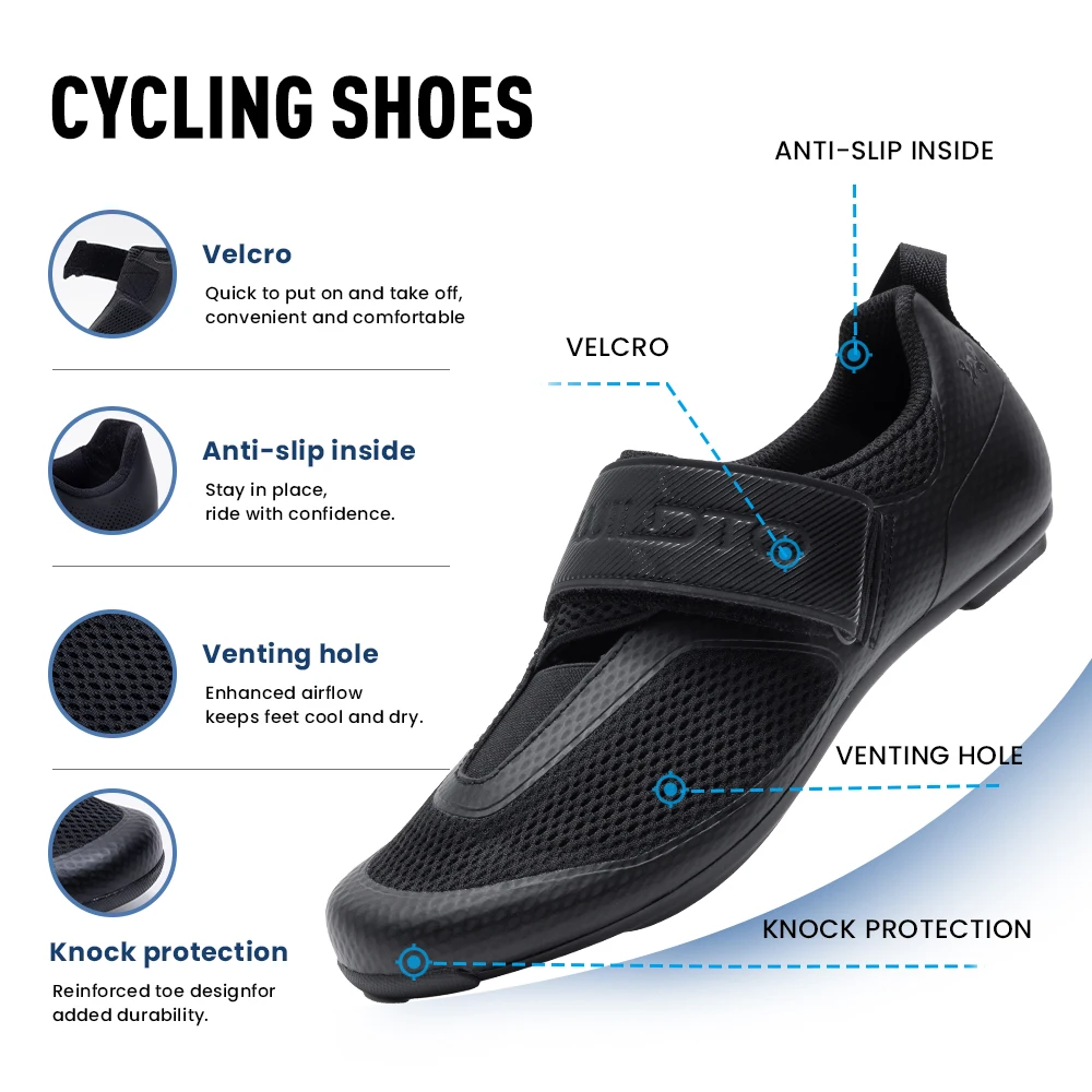 WILDTO Triathlon Cycling Shoes Mens Road Bike Shoes New Nylon&Glassfiber Sole Knock Protection Toe Breathable Bicycle Lock Shoes