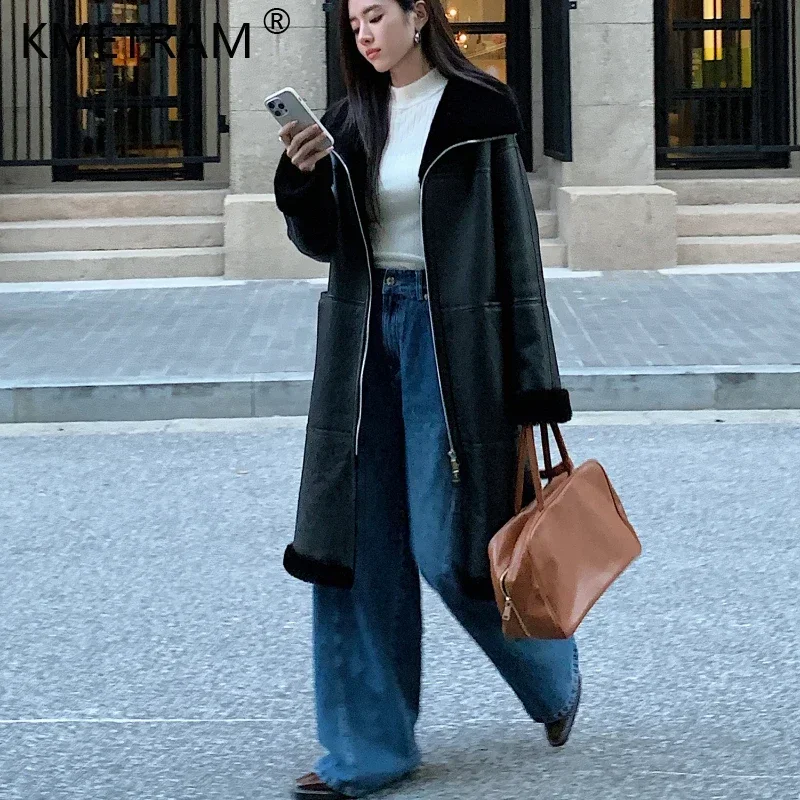 Veste de moto en cuir véritable pour femme, vestes en fourrure d'agneau naturelle, manteau long de luxe, 2024