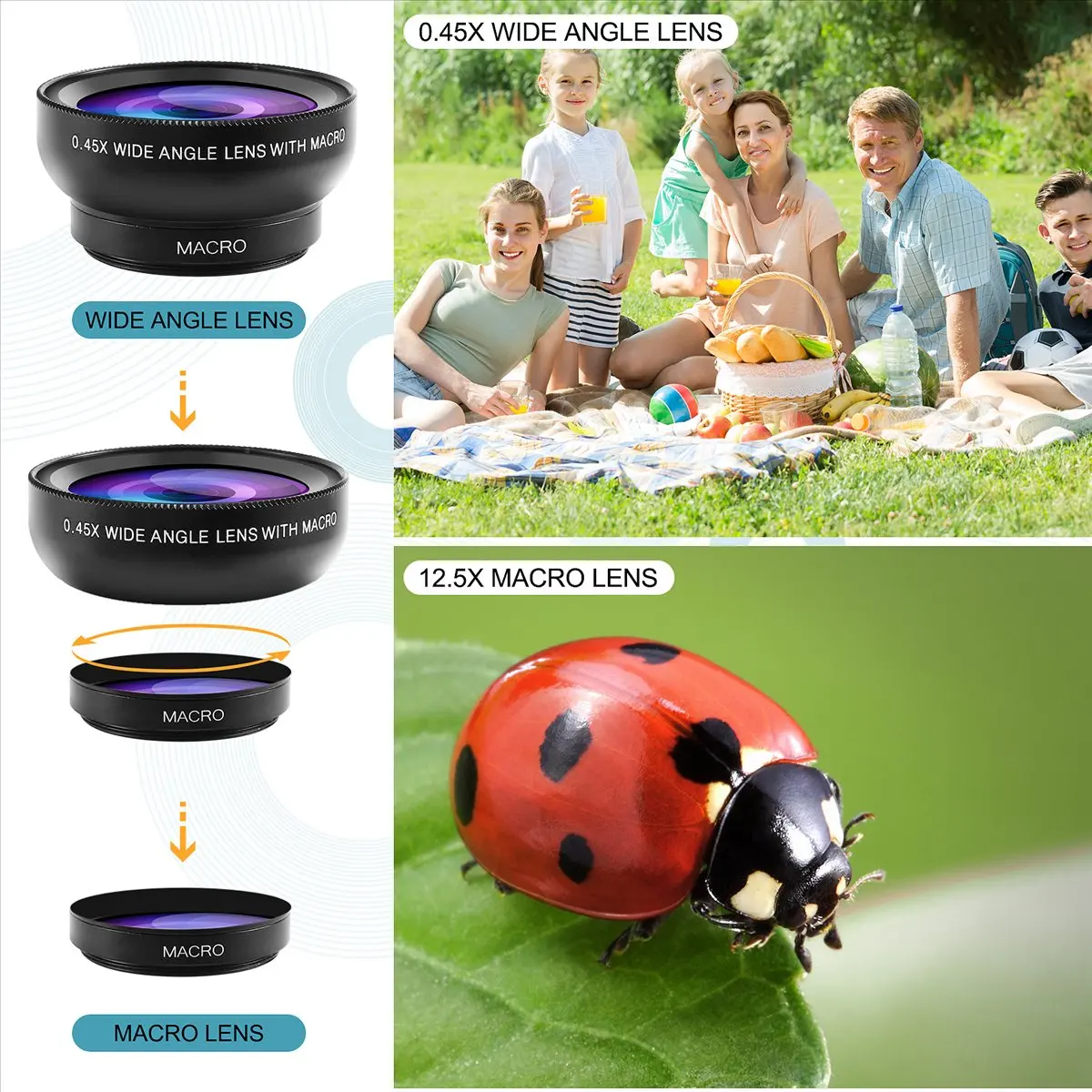 T35C Fish Eye Phone Lens, 0.45X Phone with HD Camera Lens Macro Clip Lens Wide Angle Lens Lens for Mobile Phone Camera