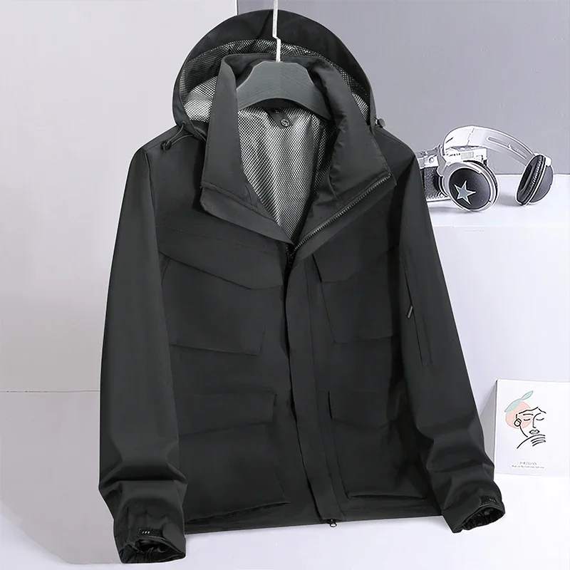 Veste de travail à capuche multi-poches pour hommes, coupe-vent extérieur, haute altitude, fonction d'outils portables, pêche, automne, nouveau, 2024