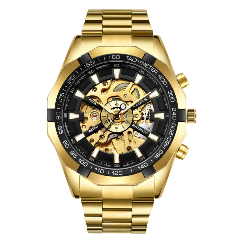 Full Gold Skeleton Mechanical Watches for Men Fashion Irregular Automatic Watch Luxury Brand Stainless Steel Strap 2024