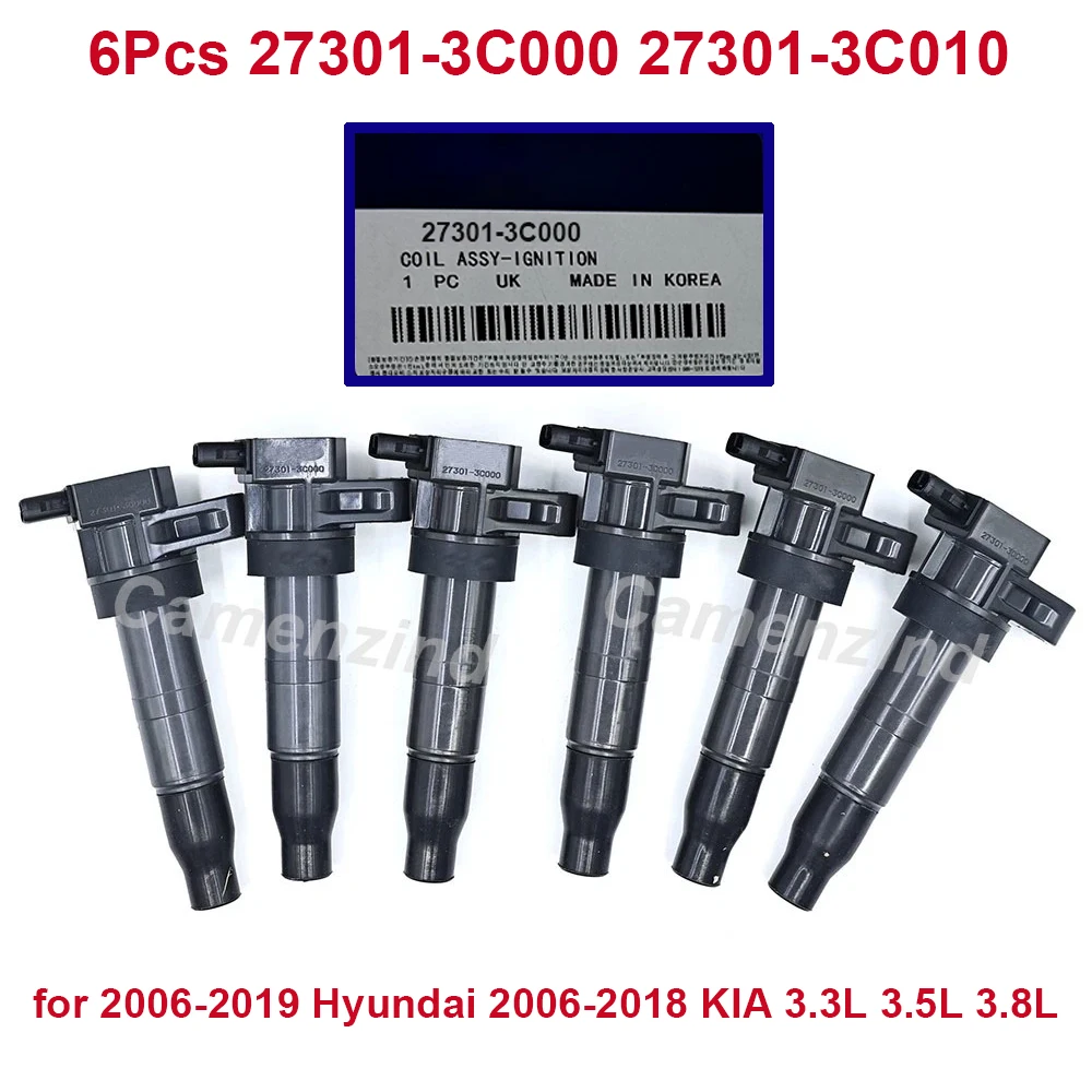 

Комплект из 6 катушек зажигания для автомобилей Hyundai 2006-2019 и Kia 2006-2018, 3.3L, 3.5L, 3.8L, OEM 27301-3C000, 27301-3C010