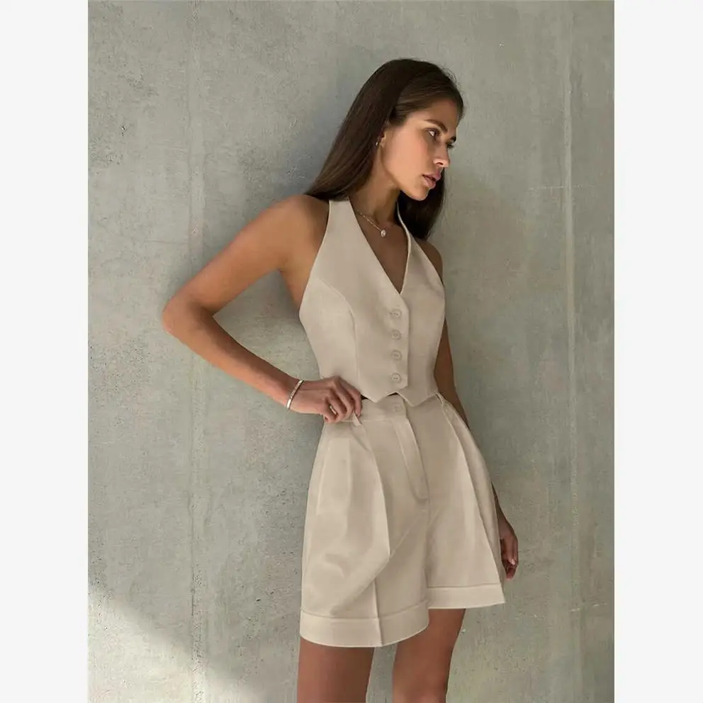 브이넥 탱크탑 세트 여성용 패셔너블한 여름 의상 버튼 클로저 폴리에스터 원단 바지