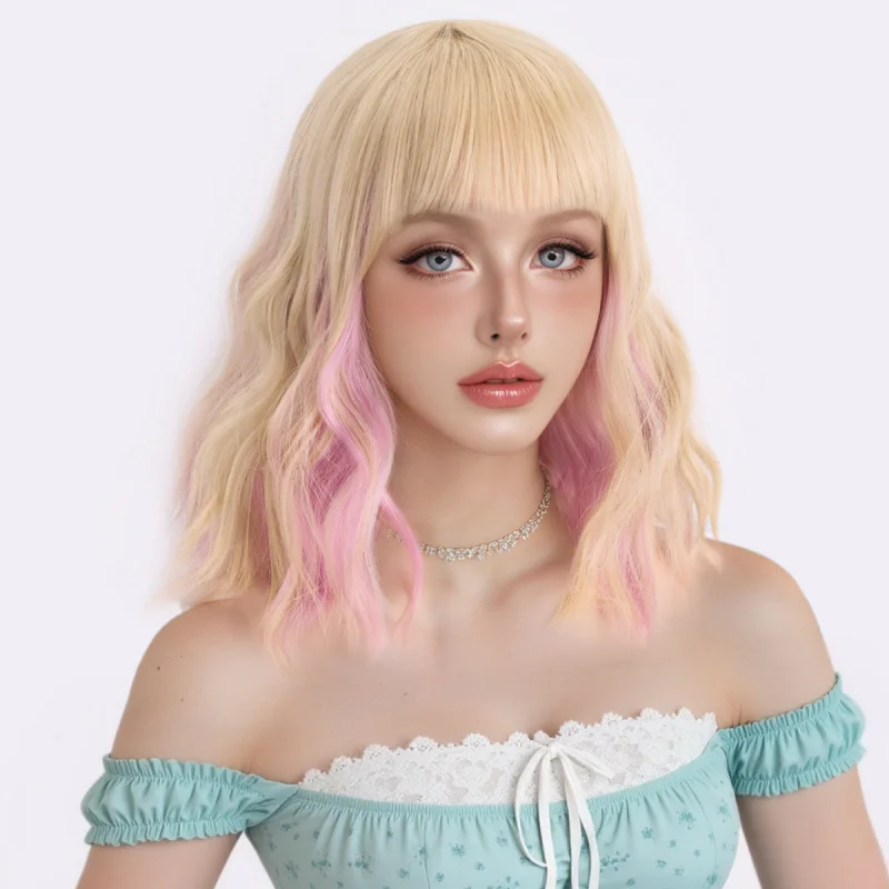 Korean and Japanese style women's wavy medium-long curly hair wig made of high-temperature fiber Blue Wigs