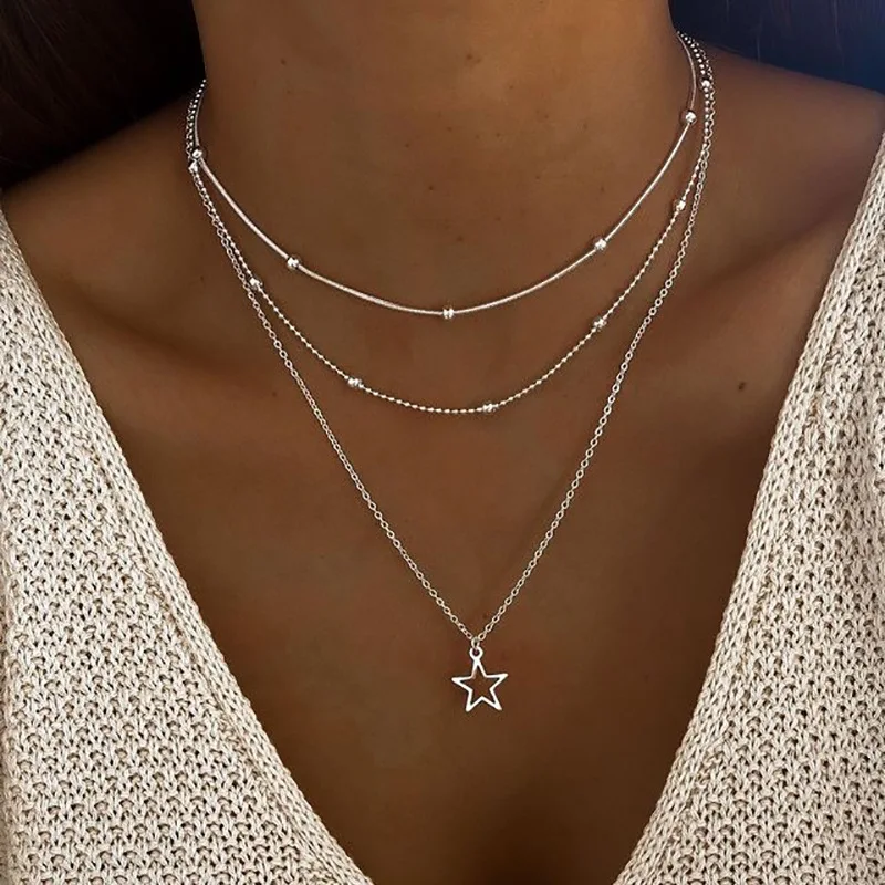 Five Point Star Cutout Pendant Necklace Retro Alloy Bead Chain Collarbone for Women Creative Layered Minimalist