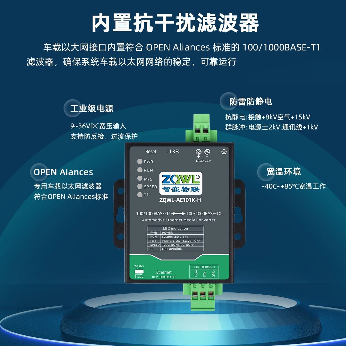 Автомобильный Ethernet-конвертер IoT Gigabit 100M 100/1000BASE-T1 в TX в RJ45