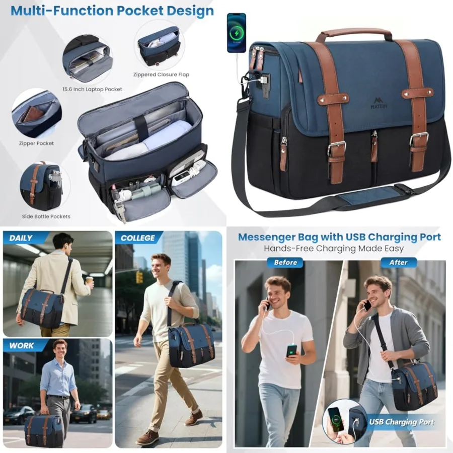 Laptop Messenger Bag for Men, College Shoulder Bag with USB Charging Port, Water Resistant Handbag Student Crossbody Satchel La
