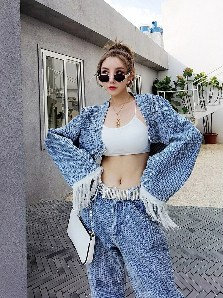 2023 Autumn New Pants Suits Women Long Tassel Sleeve Single Button Denim Short Jacket High Waist Full Jeans Two Piece Set Women