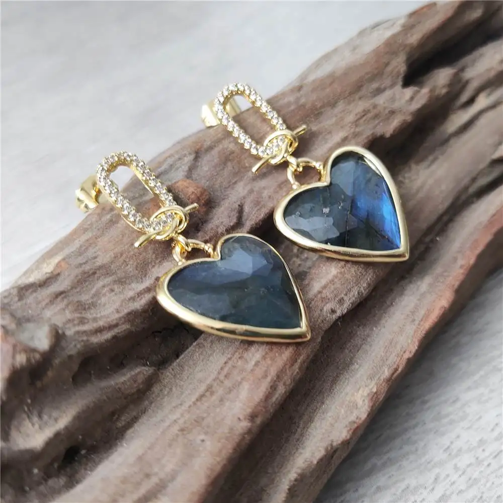 

FUWO Wholesale Handcrafted Cubic Zircon Labradorite Earrings,Golden Plated Heart-Shaped Stone Faceted Jewelry ER475CZ 5Pairs/Lot