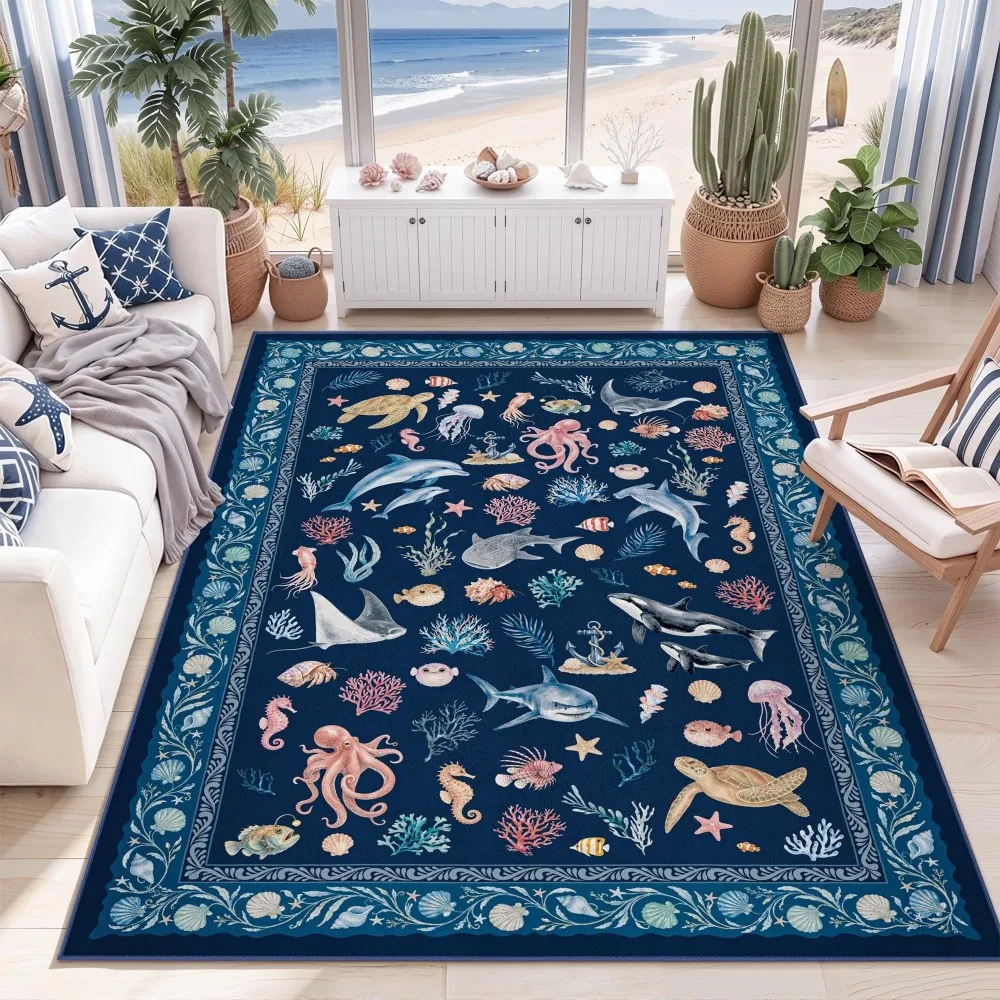 Marine Life Carpet Living Room Bedroom Rug Deep Blue Ocean Floor Mat Dolphin Shark Octopus Pattern Coastal Beach House Doormat