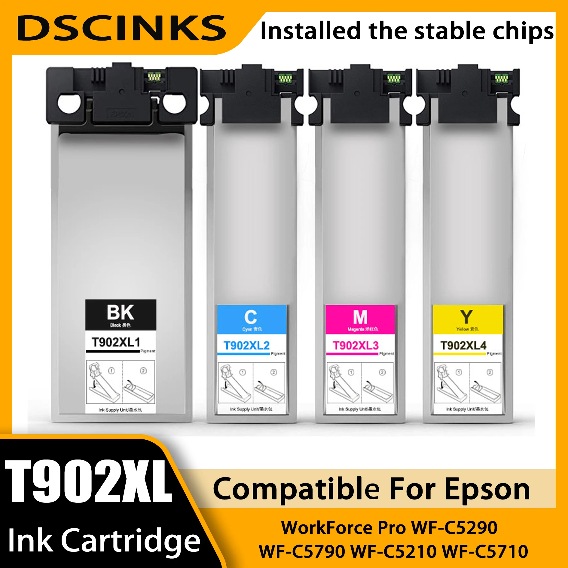 

Чернильный картридж T902XL1-T902XL4 для принтеров Epson WorkForce Pro WF-C5290, C5790, C5210, C5710, чернильный пакет T902XL с чипом