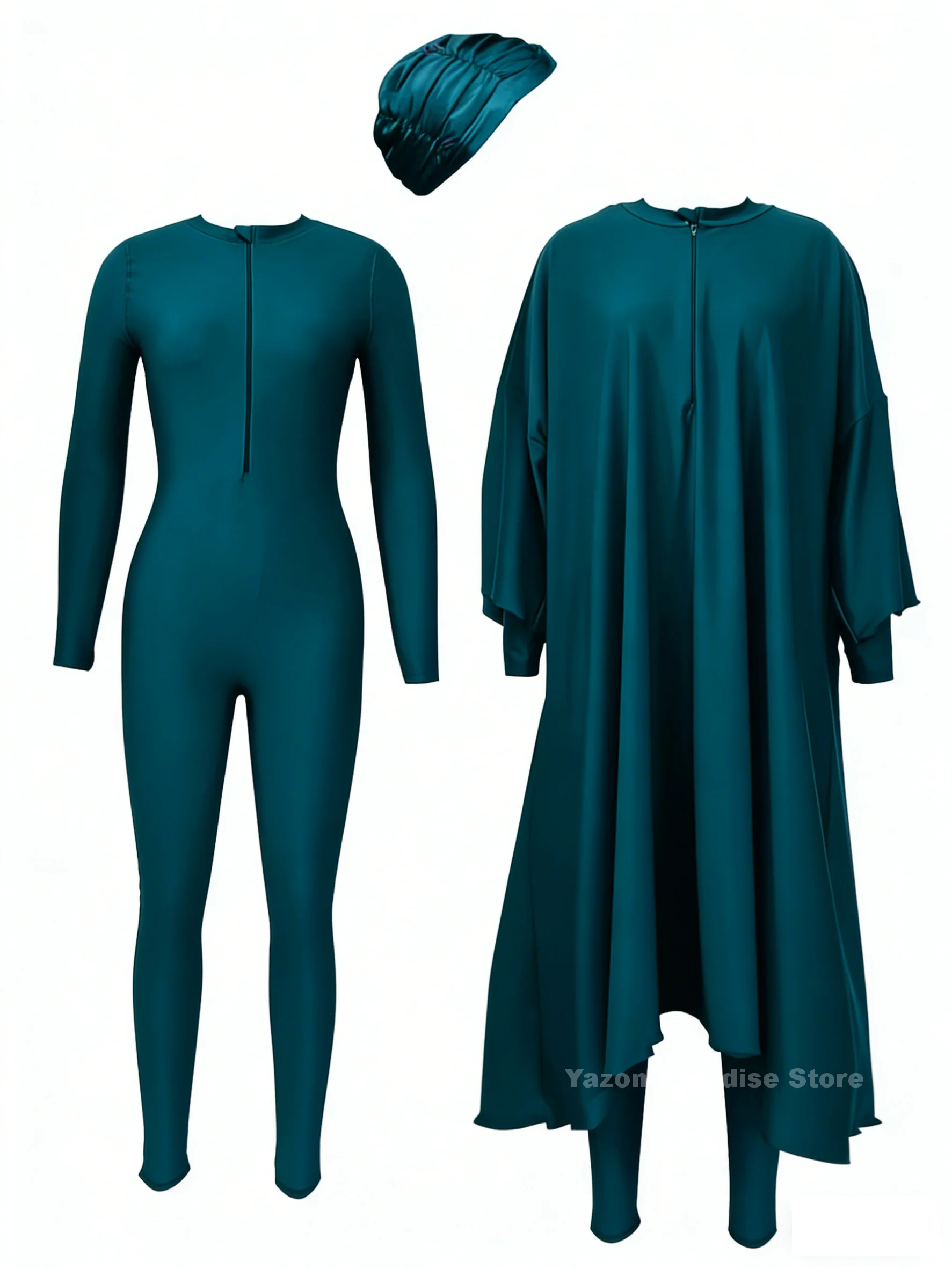 Modest Swimwear Royal Green swimsuit Loose Swimwear for Women solid color long sleeved Robe and one-piece swimwear with Hijab