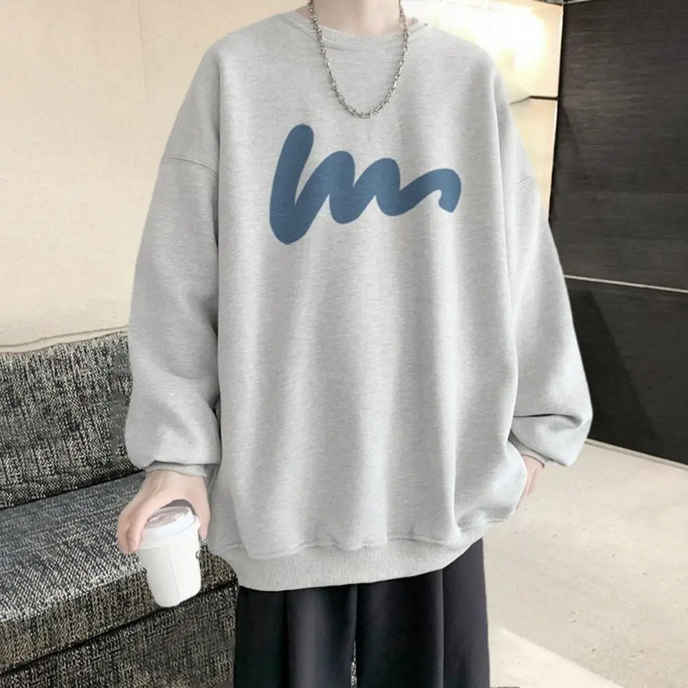 

Cozy Top Cozy Men's Streetwear Pullover Thick Warm Sweatshirt with Elastic Cuff Mid Length Solid Color Print for Fall/winter