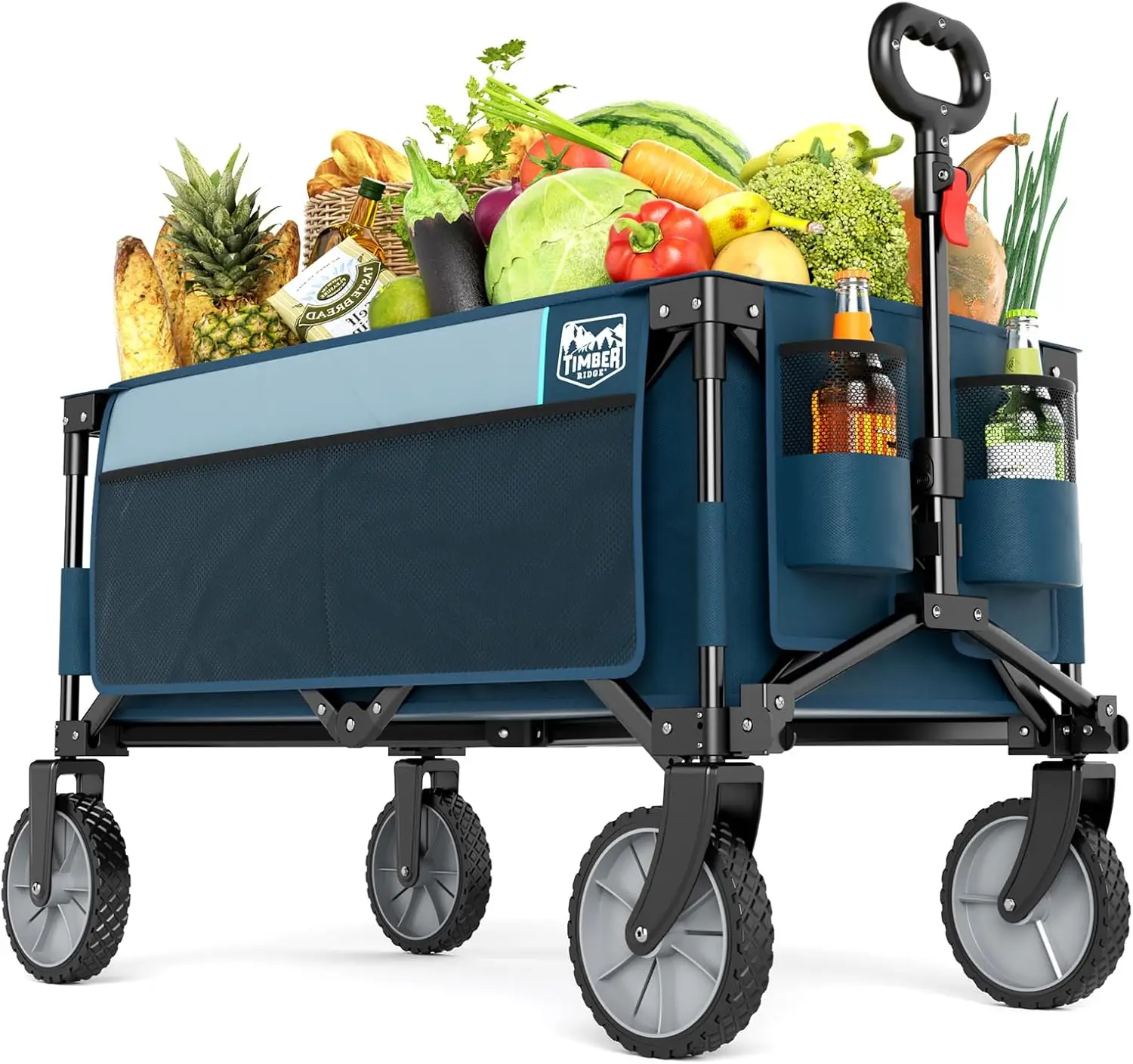 

TIMBER RIDGE Collapsible Outdoor Folding Wagon Cart Heavy Duty Camping Patio Shopping Garden Cart with Side Bag Cup Holder Blue