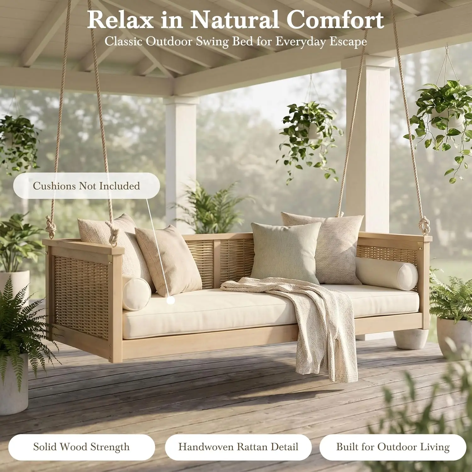 Solid Wood Twin-Size Outdoor Swing Bed with Hanging Ropes 4