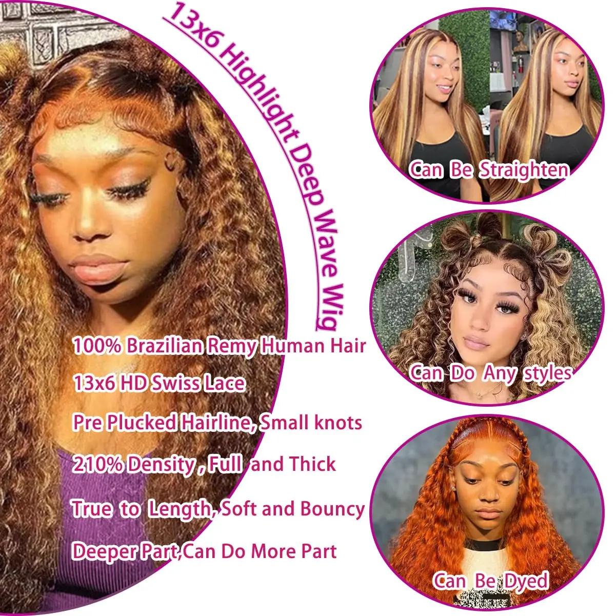 36 Inch Deep Wave P4/27 Highlight Ombre 13x6 13x4 HD Transparent Lace Front Wigs Curly Lace Frontal Wigs for Women Pre Plucked