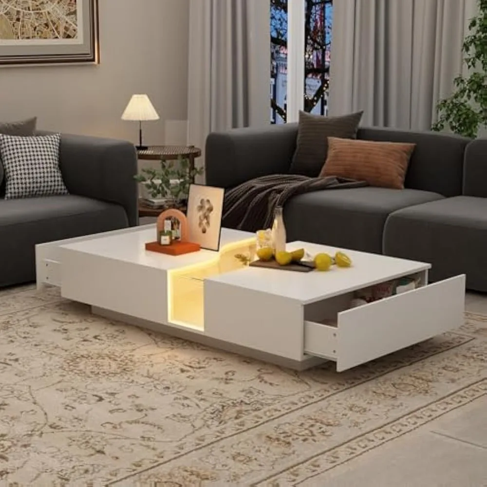 Modern LED Coffee Table with 2 Drawers, Tempered Glass Top & Remote Control, Rectangle Coffee Center Table for Living Room & Re