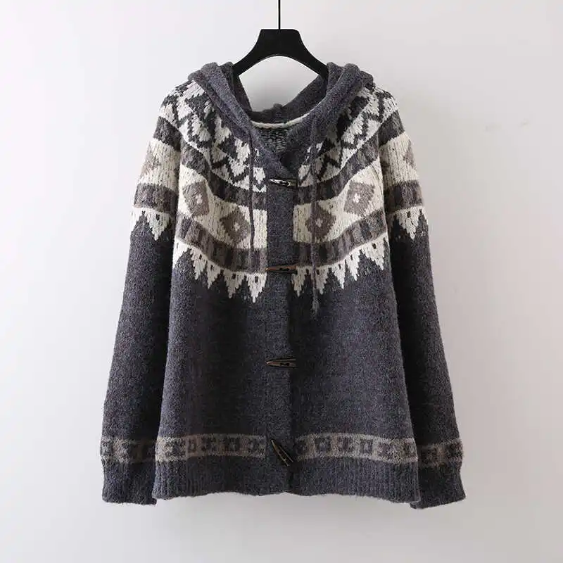 

American Retro Lazy Sle Women's Hoodie Thiened Warm Top Winter Design Single Row Horn Button Loose Fit Long Sve Sweater