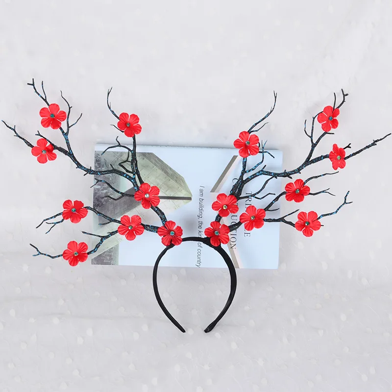 

Черная повязка на голову с рогом оленя для девочек, головной убор с большими ушками бабочки и цветами, повязка для волос с рогами для рождественской вечеринки, косплея на Хэллоуин