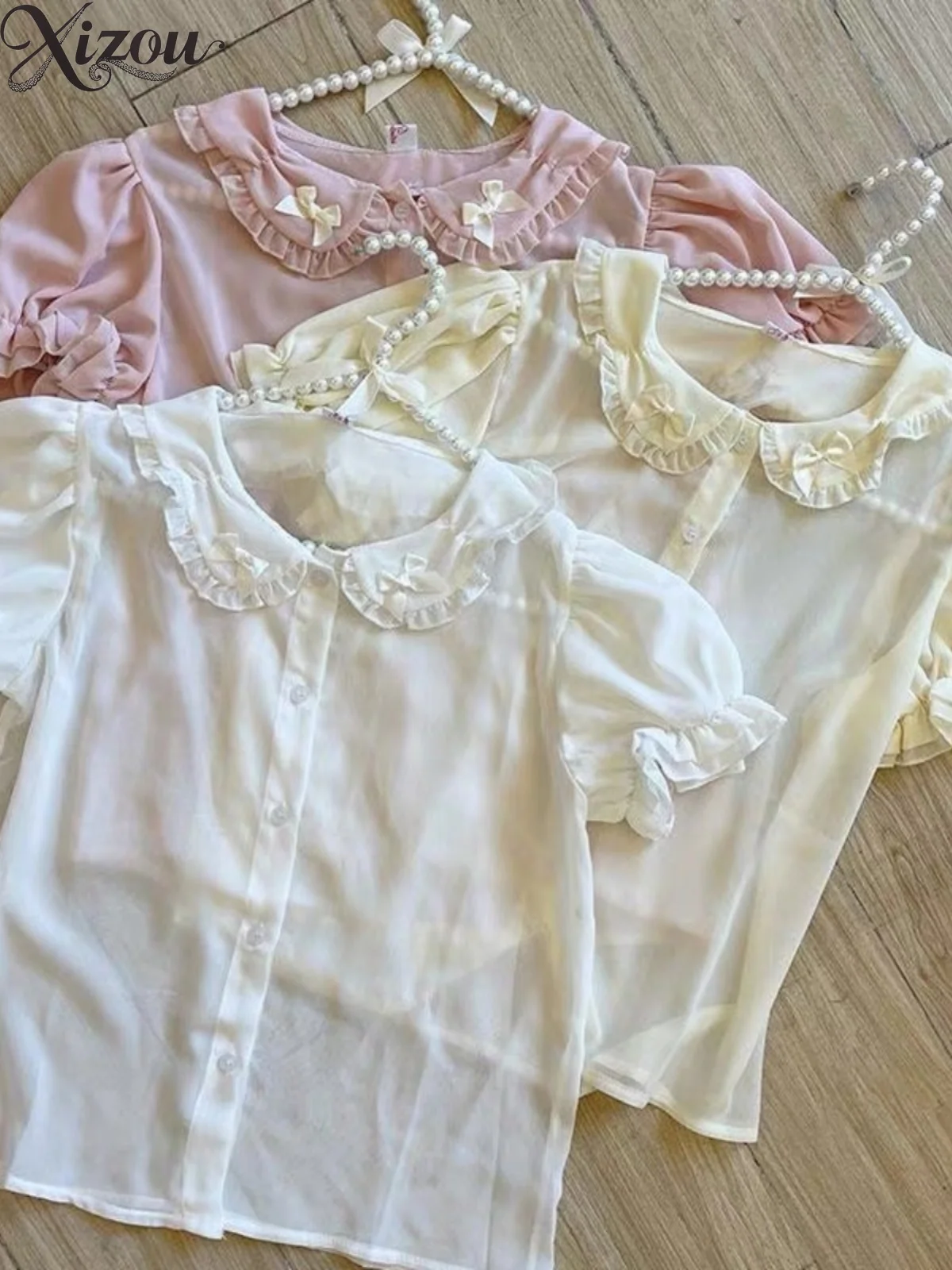

Lolita Inner Shirt Elegant Doll Collar Cute Girl Short Sleeve Tops Summer Women's Solid Color Elegant Blouse Camisas De Mujer