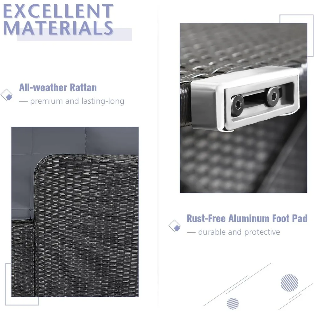 tweepersoons rieten buitenligbed met kussens, kussens en gebogen rugleuning voor ontspanning