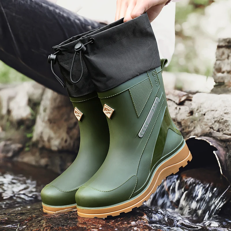 Men's Water Boots, Rain Boots, New Outdoor Waterproof, Non-Slip, Wear-Resistant, Drawstring Kitchen Rubber Shoes, Work Rain Boot