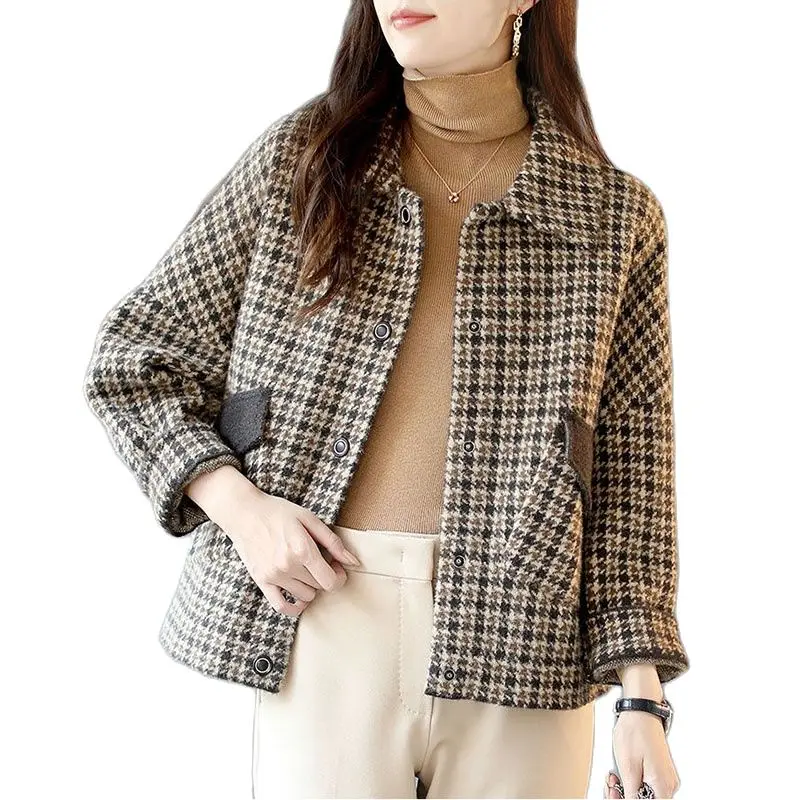 

Fashion Square Collar Houndstooth Short Woolen Coat Female Autumn Winter Korean Version Splicing Temperament Women's Wool Top