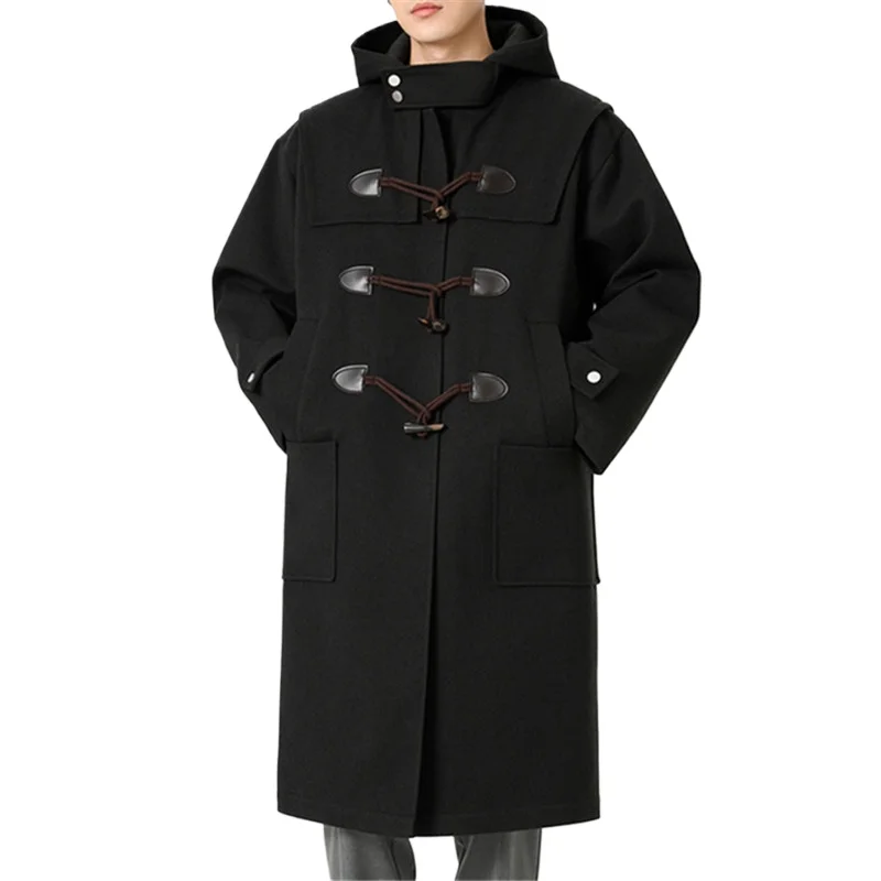 2026 Autumn Winter Woolen Coats Men Hooded Trench Fashion Loose Casual Streetwear Long Outwear Coat Male Button Windbreaker