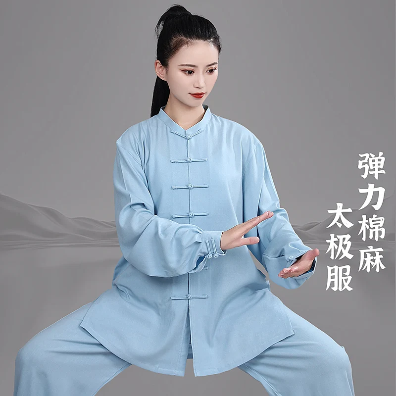Unisex Low Collar Stretch Cotton Linen Tai Chi Suit - Breathable Spring Autumn Martial Arts Practice Morning Exercise Casual Set