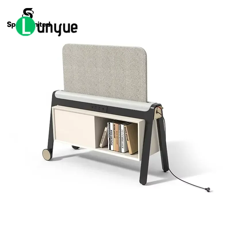 Mobile Room Divider with Storage Rack Power Outlet USB Port Freestanding Office Partition Wall for Workspace Organization