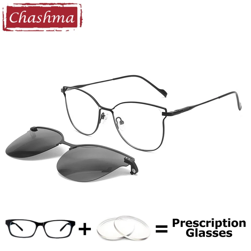 

Chashma женские модные солнцезащитные очки «кошачий глаз» на клипсе, готовые очки по рецепту, очки из нержавеющей стали, женские очки