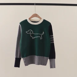 Autumn and Winter New TB Color Blocked Dog Jacquard Stripe Four Bar Round Neck Long Sleeve Knitted sweater with Bottom Sweater