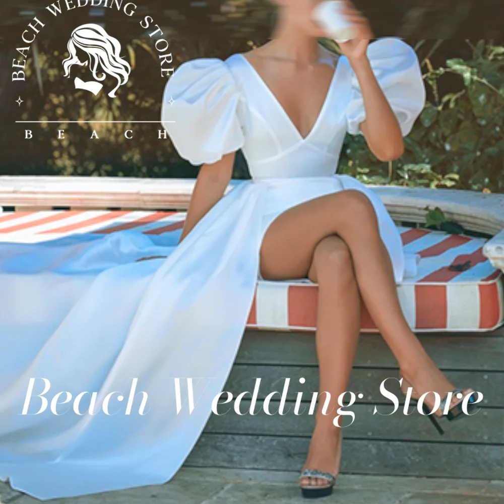 Abiti da sposa corti da spiaggia personalizzati con scollo a V profondo e maniche a sbuffo Mini abito da sposa a sirena senza schienale in raso con strascico staccabile sexy