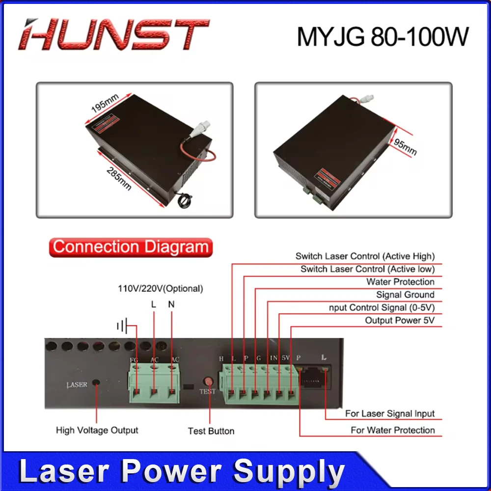 Hunst CO2 Laser Power Supply MYJG-100W for 80W-100W Laser Cutting and Engraving Machine
