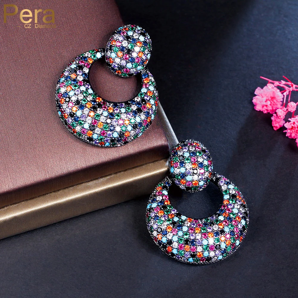 

Pera Marvelous Colorful CZ Wedding Party Long Dangle Big Circle Black Gold Color Drop Earrings Rainbow Jewelry for Brides E976