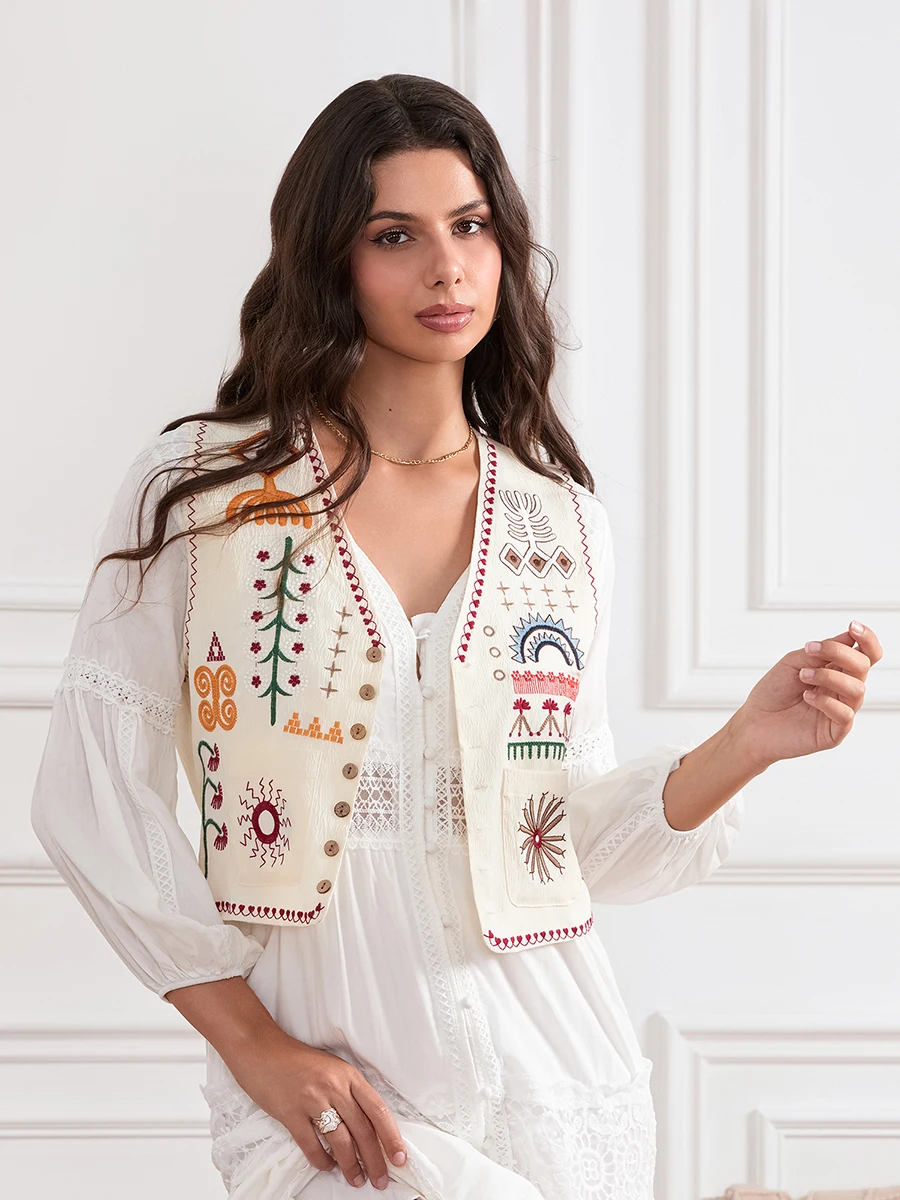 Women s Boho Vest Fashion Embroidery V Neck Button Down Sleeveless Crop Tops with Pockets for Daily Office Travel