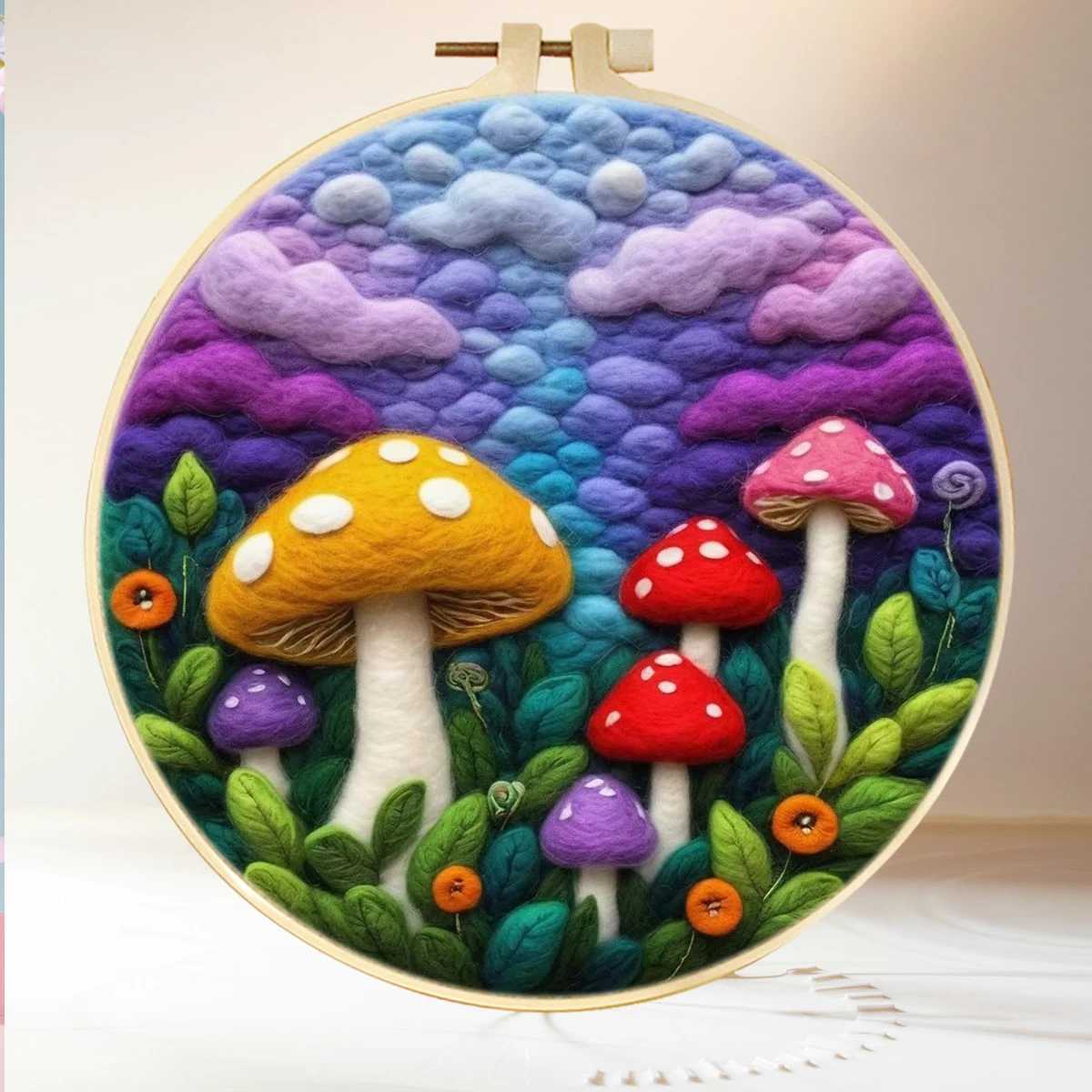 

1 Pack DIY Fleece Felting Painting Kit Embroidery Frame, Needle, Threads & Instruction For Crafts Gift Colored Mushrooms Design