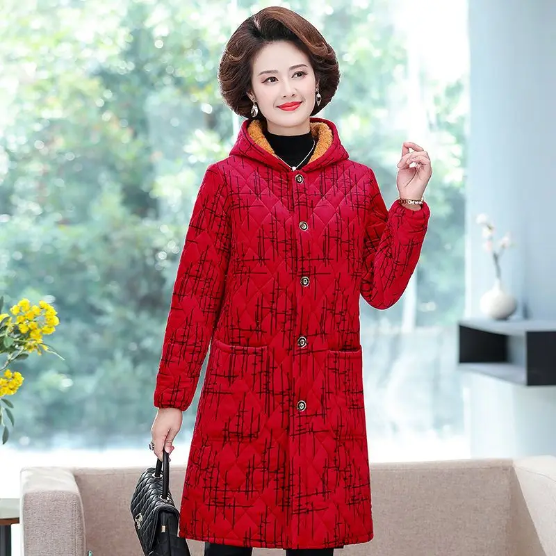 Middle-Aged Elderly Mothers Spring Autumn HoodedCotton Keep Warm Down Cotton Clothes Plus Velvet Small Padded Jacket Female Coat