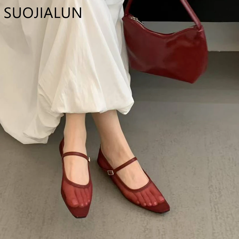 

SUOJIALUN 2025 Autumn Women Red Flat Shoes Fashion Mesh Square Toe Shallow Mary Jane BalletShoes Outdoor Soft Dress Single Shoe