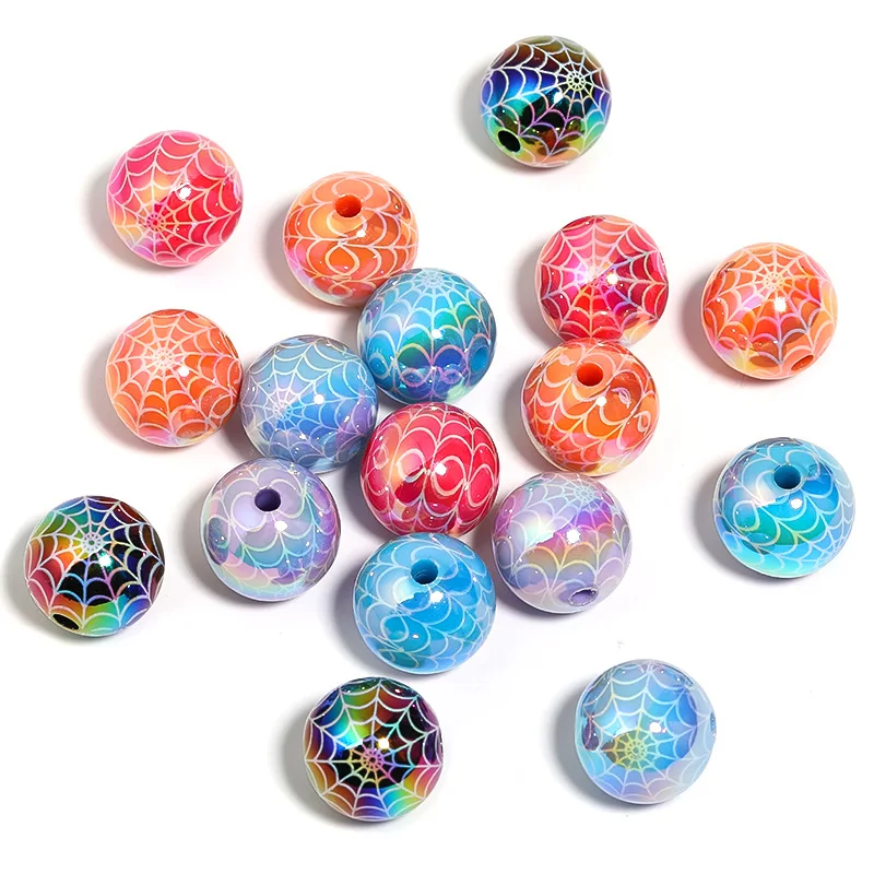 Trendy New AB Colors Round Acrylic Gumball Beads With Spider Web Painting Ornament Accessories Gumball Necklace DIY 16mm 100pcs