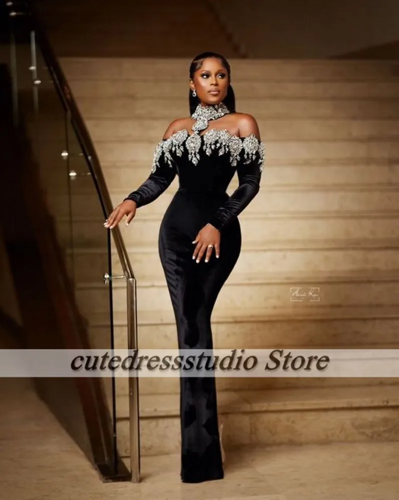 Luxury Crystal Evening Dresses Long Sleeves High Neck Velvet Black Mermiad Wedding Party Gowns African Special Occasion Dress