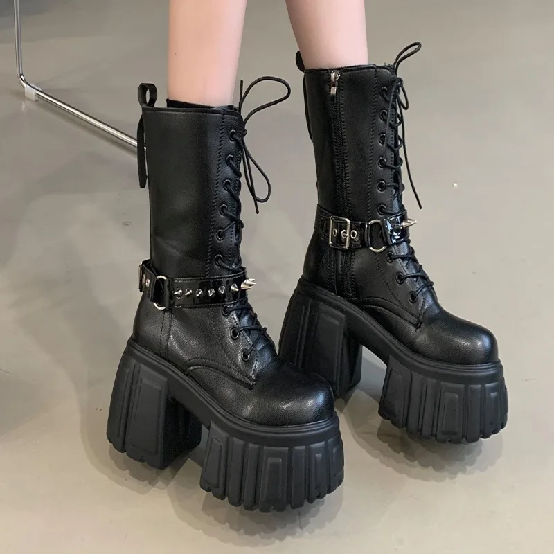 

Chunky Heeled Platform Combat Boots for Women Gothic Punk Style Black Motorcycle Boots Woman Autumn Winter Mid Calf Botas Mujer
