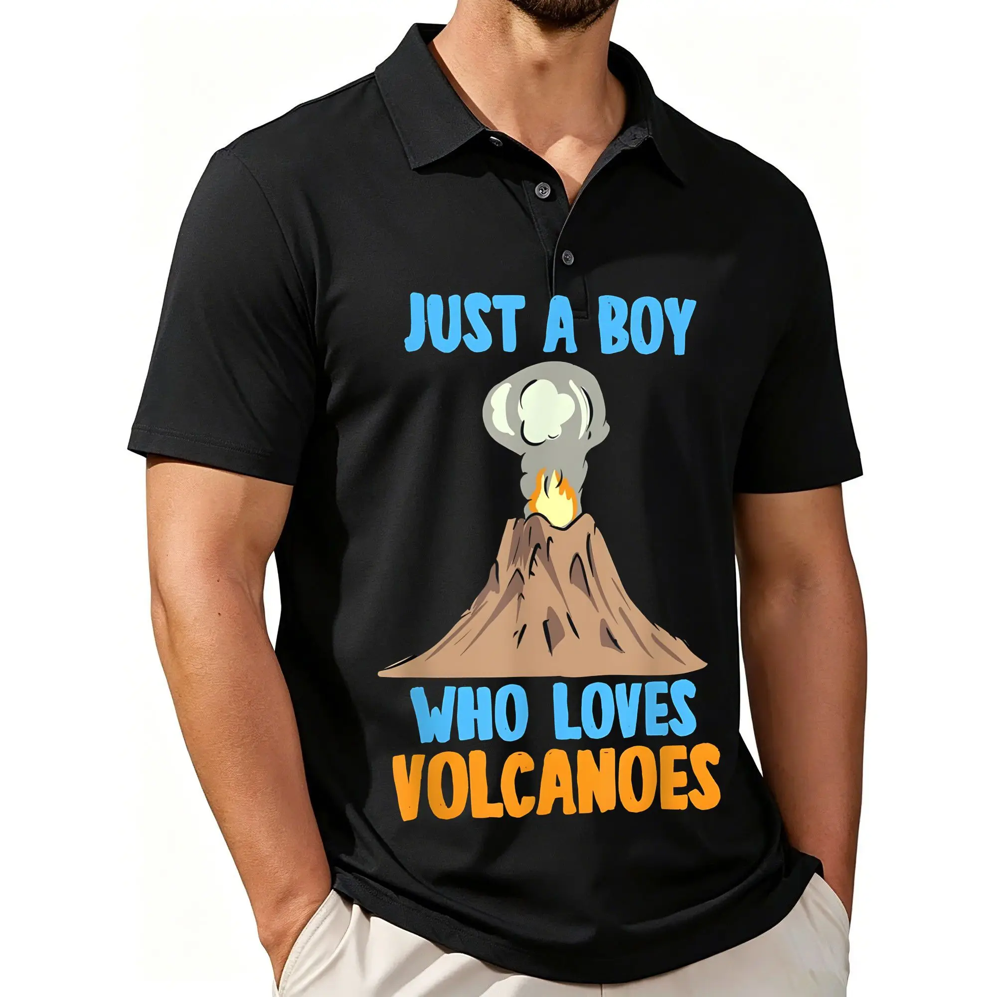 Men's Printed Short-Sleeved Polo Shirt with a Volcano-Themed Design for Young People, Featuring a Stylish and Casual Fit, Breathable Fabric, and Suitable for All Seasons.