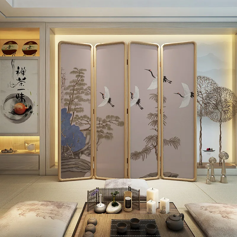Medieval solid wood screen folding movable living room partition bedroom household tea room office crane folding screen