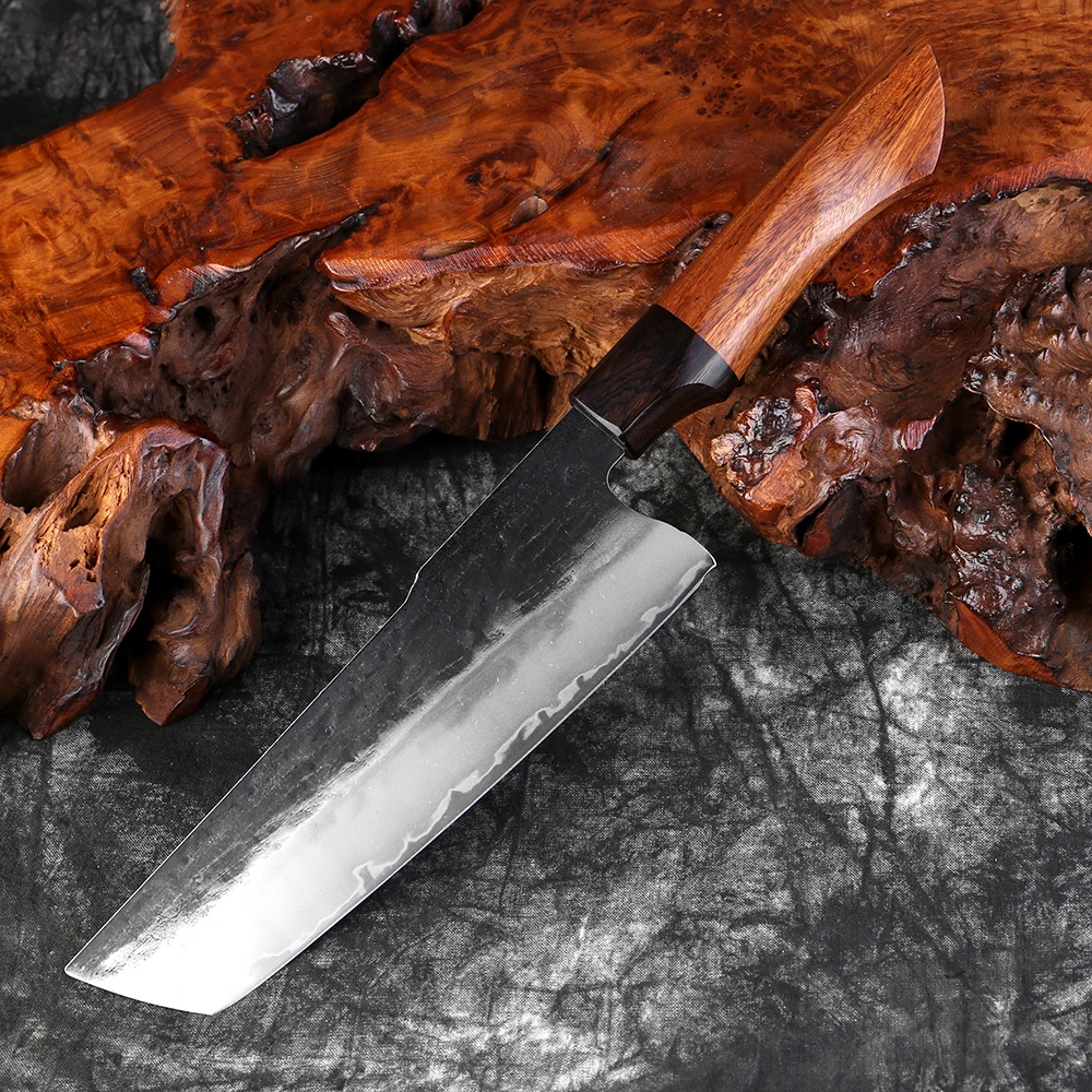 

Japanese Nakiri Knife 7 Inch Handmade Kitchen Knife Triple-layer Composite Steel Hand Forged Knife Blade Sharp Rosewood Handle