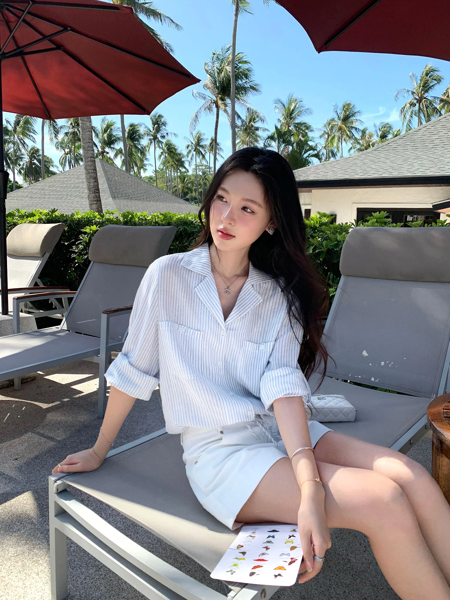 

Pusumede Day Coast Long Sve irt Women's Lenzing Linen Dstring Loose ort Sle Casual Faion Striped Pattern
