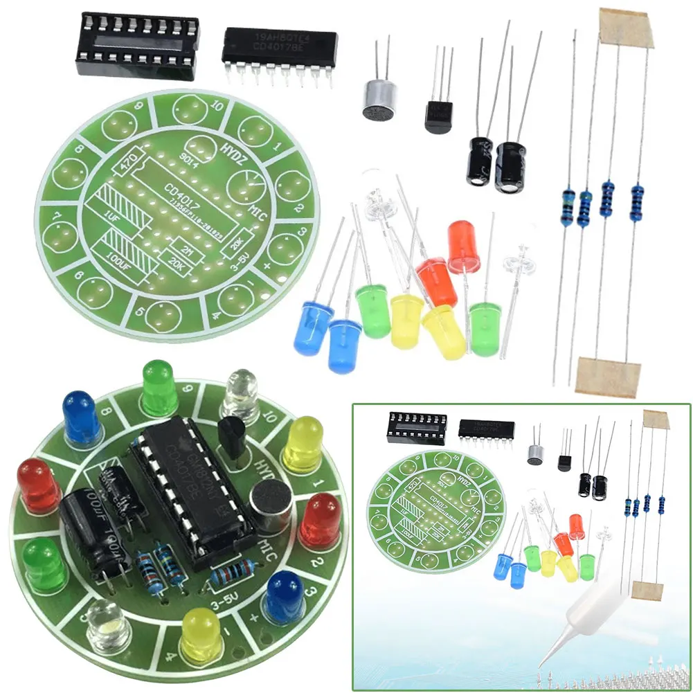 CD4017 Kit lampu LED warna-warni berputar kontrol suara Kit DIY manufaktur elektronik untuk laboratorium siswa