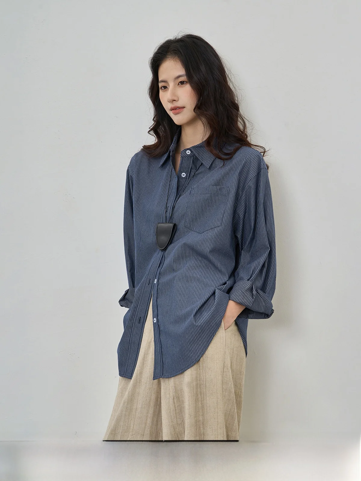 

Blue Striped Long Sve irt Loose Fit Comfortable Sle Women's Faion Breathable Cotton Slimming Effect Autumn New Arrival