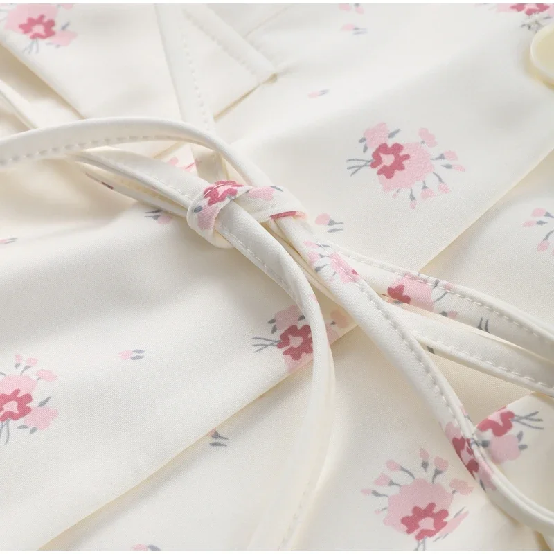 Trendy Womens Flower Printed Blazer Waist-Closed Turn-Down Collar Lace Up Lady Top 2025 Spring Summer Elagant Female Outwear