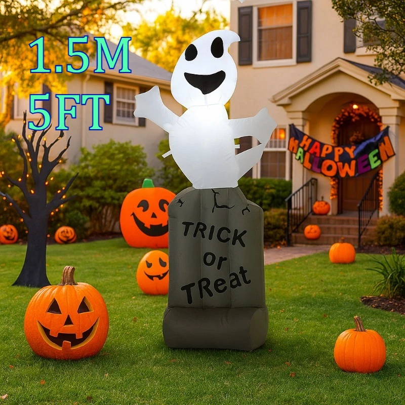 5FT Halloween Opblaasbaar Speelgoed Zwarte Vleermuis op Grafsteen Led-verlichting Ornament Giant Gazon Tuin Yard Hall Familie Buiten Decoraties